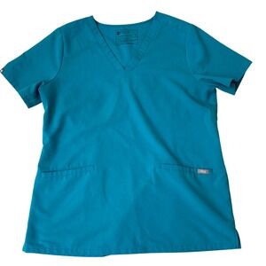 FIGS Technical Collection Scrub Top Women Size M Teal Blue V-Neck Short Sleeve
